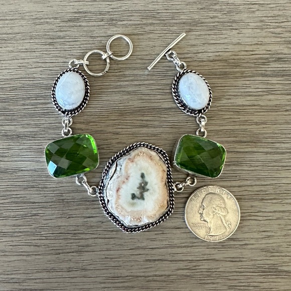 0343 Solar Quartz Druzy Peridot Bracelet Handmade Silver Gemstone Jewelry - Picture 5 of 9